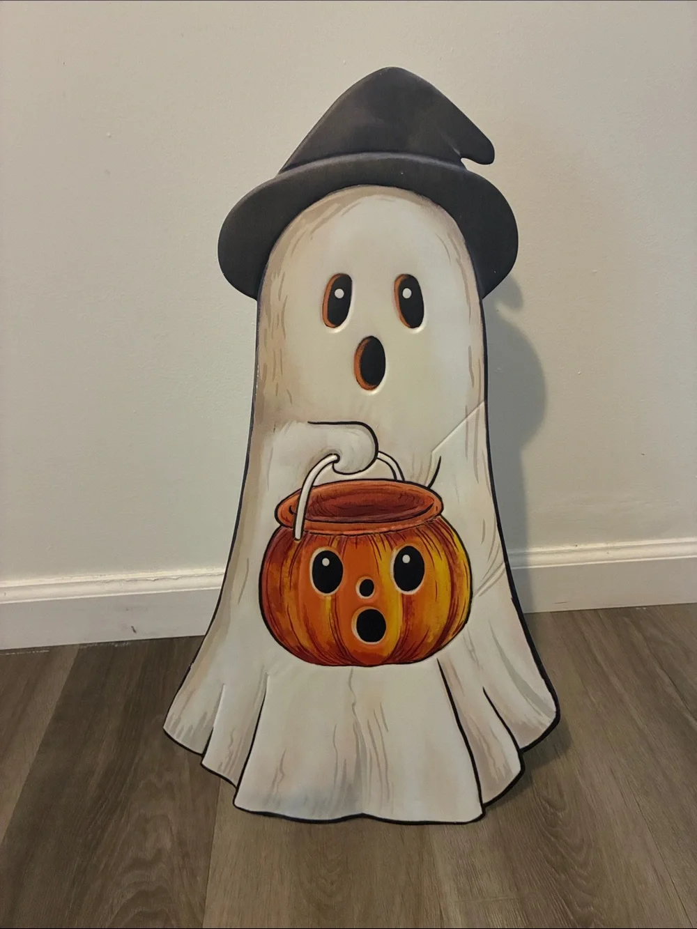 NWT- 23” White Ghost Witch w/ Orange Pumpkin Pail- Metal Easel Stand Porch Sign
